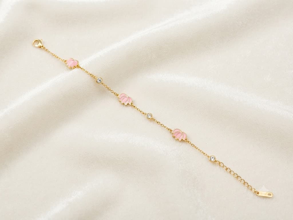 Lotus & Crystal Charm Gold Bracelet