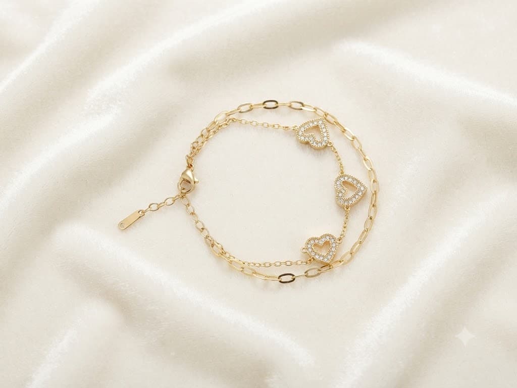 Pave Heart & Paperclip Chain Layered Bracelet