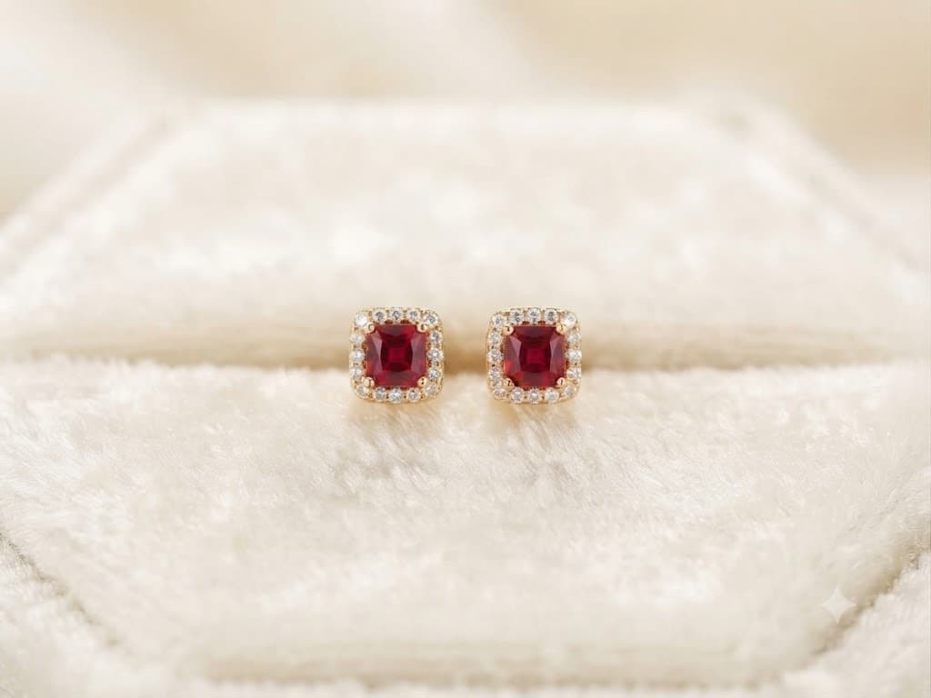 Pink / Red Cushion Stud Earring